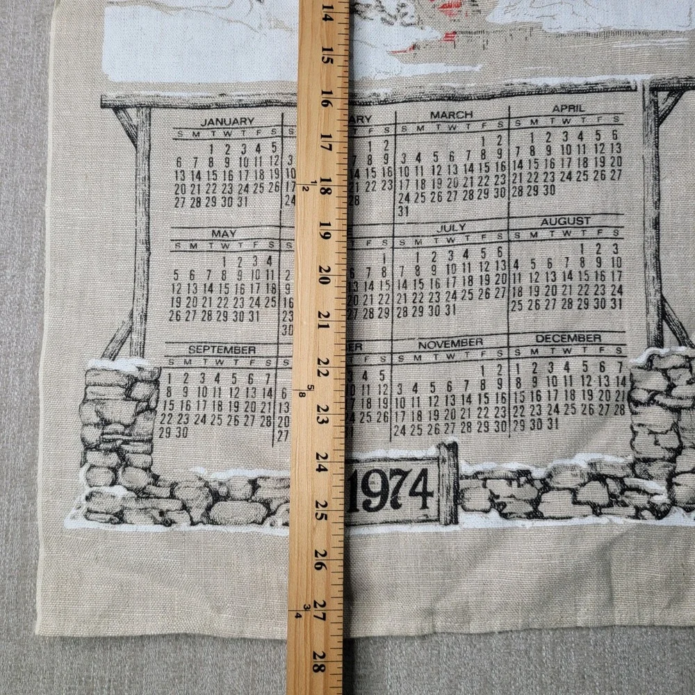 Calendar Tea Towel Tan 1974 Winter Barn Scene Vintage Linen Decor
